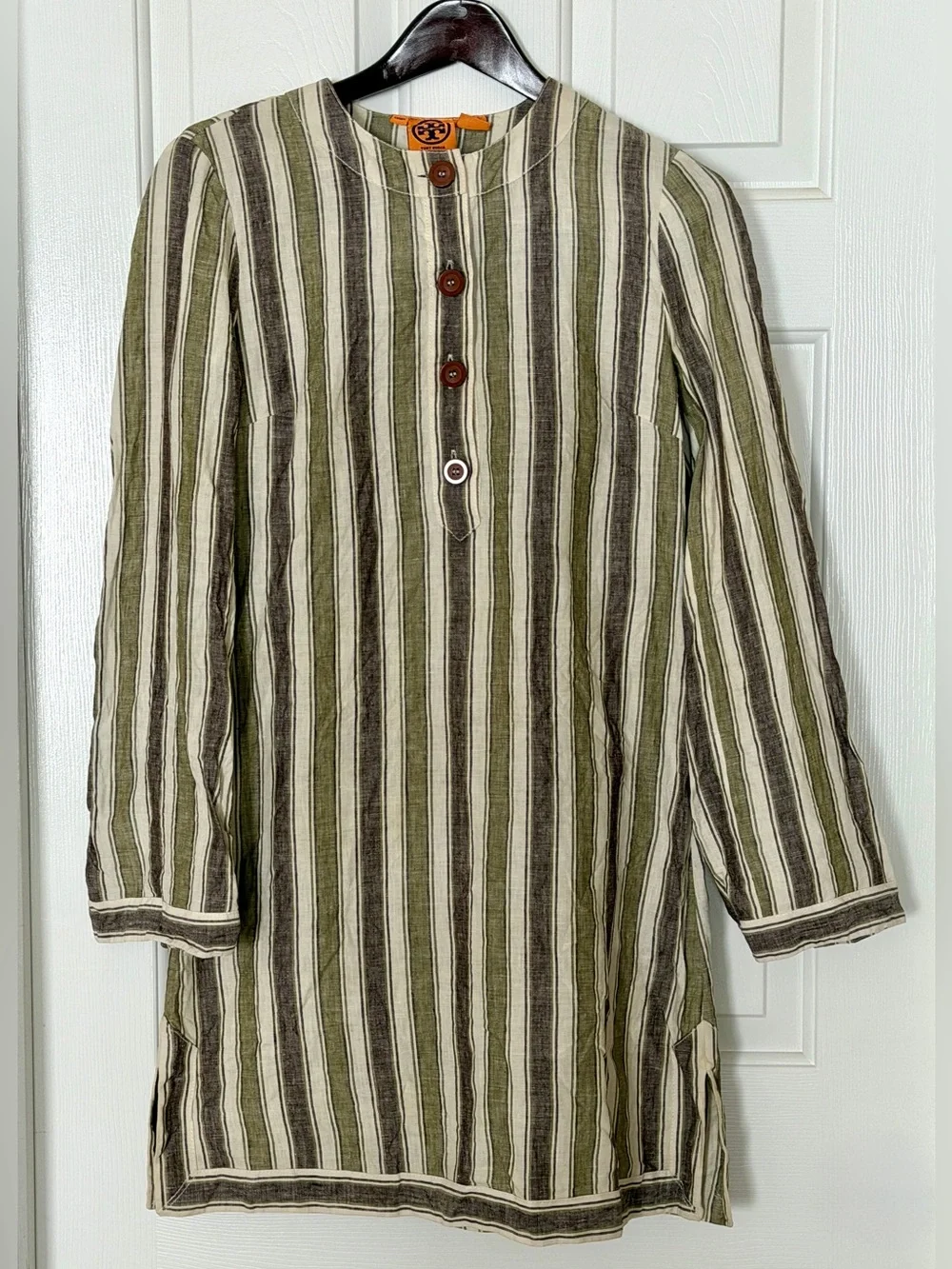 Tory Burch Linen Striped Tunic Dress Size 6 Olive Boho Pockets